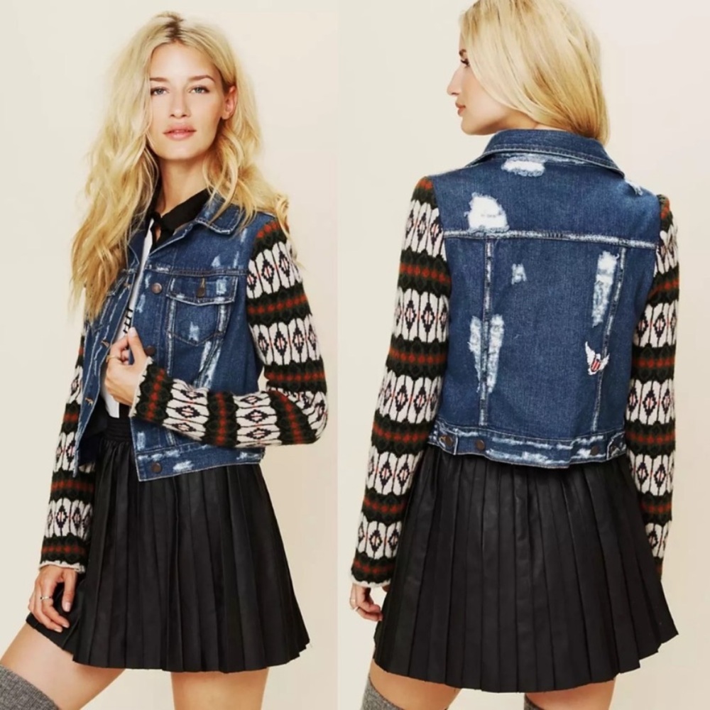 Free People Distressed Denim Jacket with pattern sweater Sleeves fitted cozy